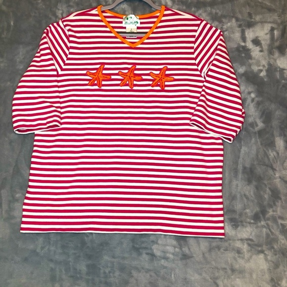 The Quacker Factory Tops - The Quacker Factor Women's 3/4 Sleeve Starfish Pink/White/Orange Size 1X
